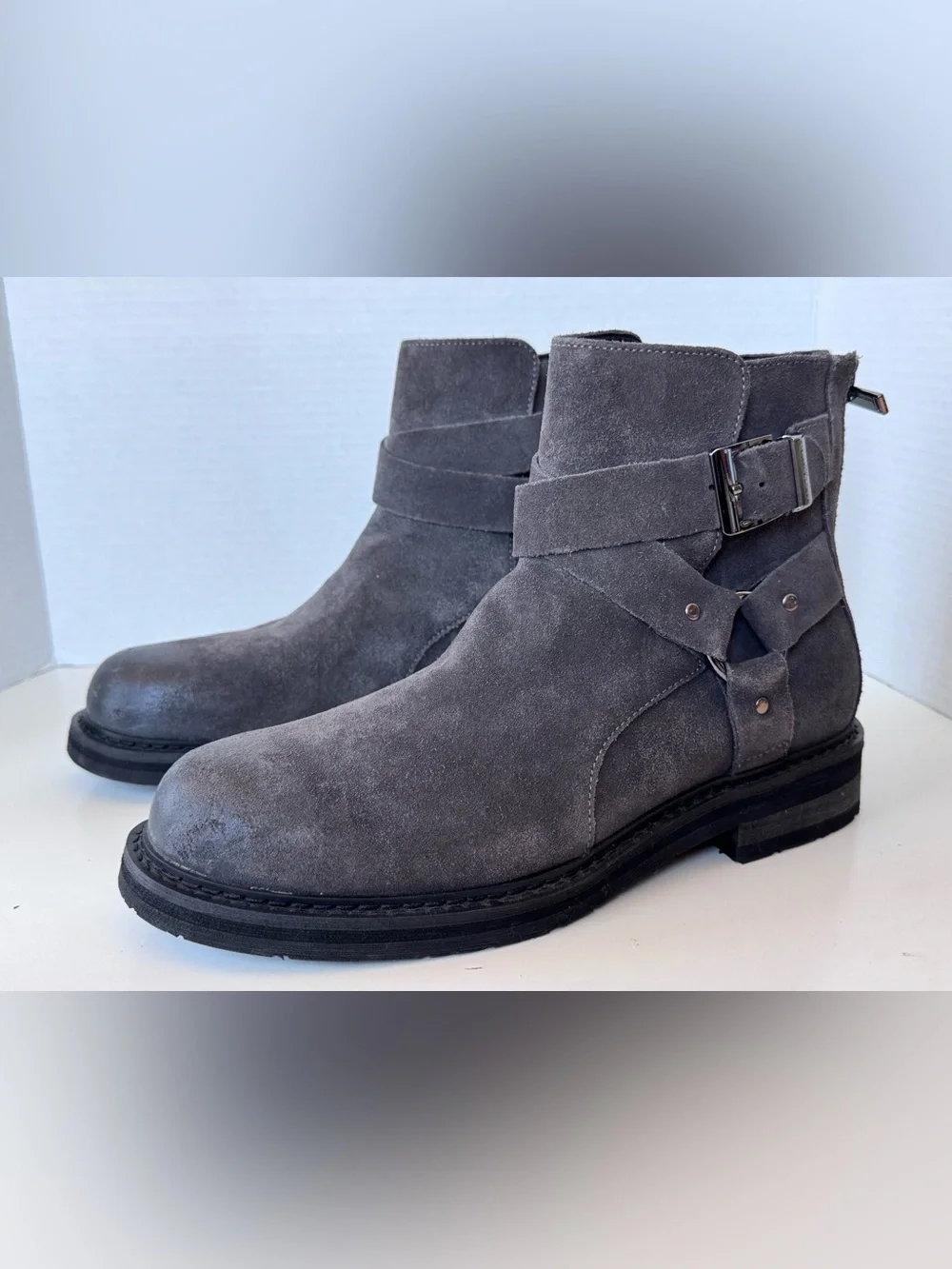 KARL LAGERFELD PARIS Grey Suede Leather Harness Moto Biker Style Boots Men's 9.5